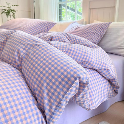 LifeTB Purple Plaid Bedding Set Full 100% Washed Cotton Purple Grid Duvet Cover with 2 Pillowcases Gingham Duvet Cover 3 Pieces Plaid Comforter Cover Breathable Grid Bedding Collection