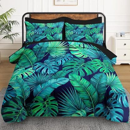 7 Pcs Full Size Comforter Set with 2 Pillowcases & 2 Shams, Tropical Palm Leaf Bedding for Kids and Adults, Green Floral Turquoise Bed in a Bag with Flat Fitted Sheet