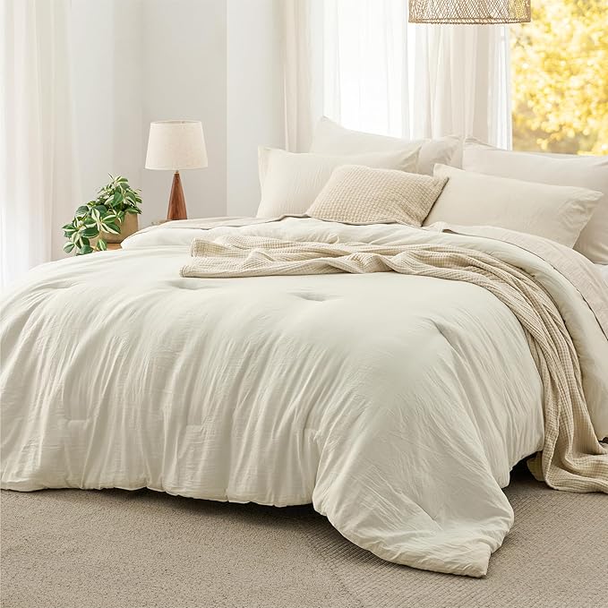 Bedsure Full Comforter Set, Ivory Soft Prewashed Bedding for All Seasons, 3 Pieces GentleSoft™ Bed Set, 1 Lightweight Comforter (82"x86") and 2 Pillowcases (20"x26")