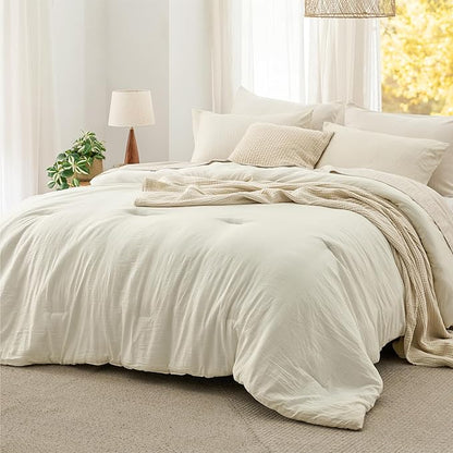 Bedsure Full Comforter Set, Ivory Soft Prewashed Bedding for All Seasons, 3 Pieces GentleSoft™ Bed Set, 1 Lightweight Comforter (82"x86") and 2 Pillowcases (20"x26")