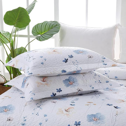 King Size Quilt Bedding Set, White Floral Lightweight Quilts for Bed Botanical Pattern Reversible, Soft Elegant Quilted Bedspread with 2 Pillow Shams Coverlet Sets (104"×90")