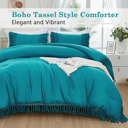 Andency Turquoise Comforter Set Queen, 3 Pieces Boho Tassel Lightweight Soft Bedding Comforter Sets, All Season Fluffy Fringe Bed Set (90x90In Comforter & 2 Pillowcases)