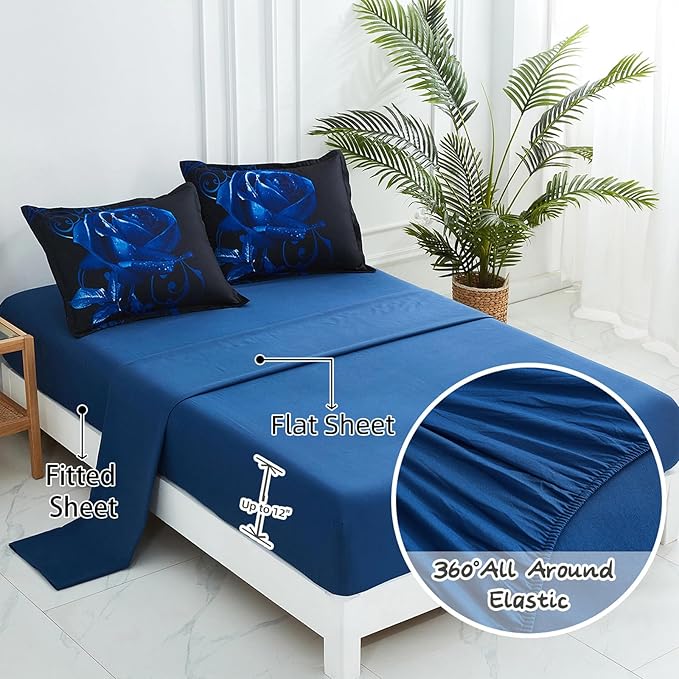 Xruibed Blue Comforter Set King 7 Piece Bed in a Bag Blue Rose Comforter with Sheet Set Soft Micorfiber Reversible Bedding Set (1 Comforter,2 Pillow Shams,1 Flat Sheet,1 Fitted Sheet,2 Pillowcases)