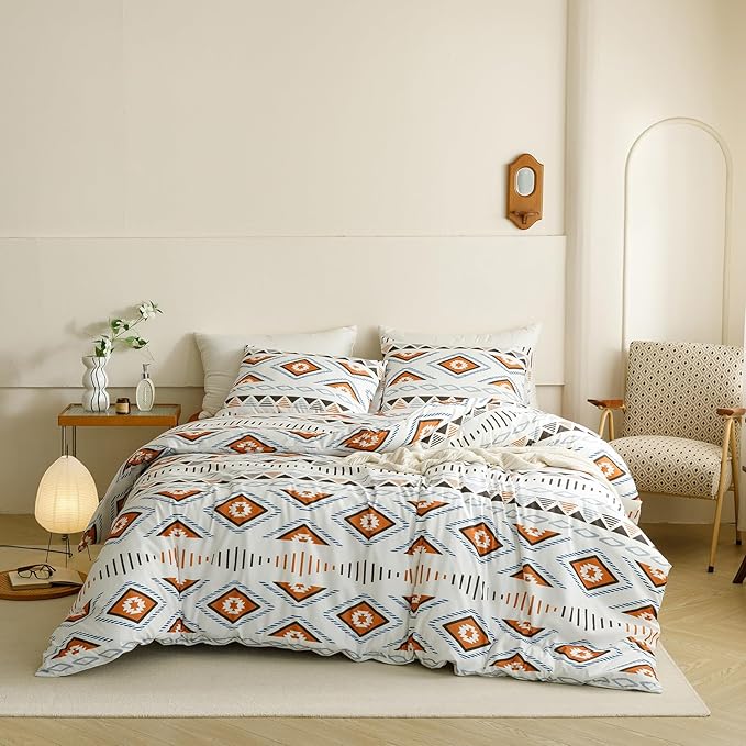 KAREVER Boho Comforter Full Aztec Bedding Set Southwest Theme 3 PCs Bohemian Comforter Set White Full Size Comforter (80x90 Inches) with 2 Pillowcases (26x26 inches)