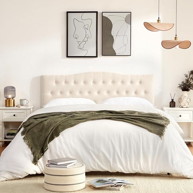 Tufted Headboard King Size, Solid Wood Adjustable Height Head Board, Beige | Upholstered King Headboard Only with Durable Solid Wood Legs, Adjustable Height 37-51 in, Fabric Button Diamond HeadBoards
