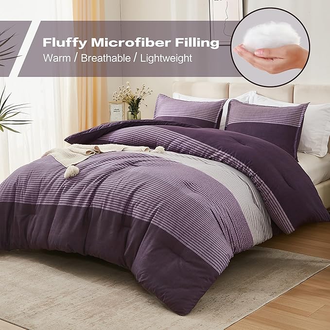 Litanika Purple Queen Comforter Set, 3 Pieces Striped Bedding Set, Lightweight Soft All Season Down Alternative Comforter Set (1 Gray&Purple Comforter, 2 Pillowcases)