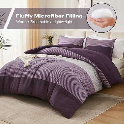 Litanika California King Comforter Set Purple - 3 Pieces Cal King Oversized Lightweight Purple White Colorblock Stripe Bedding Set (104x96In, 2 Pillowcases)