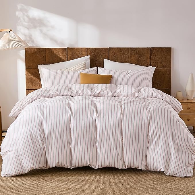 Merryword 100% Cotton Duvet Cover Set Queen Size - White & Pink Stripes Duvet Cover with Pillowcases, Soft Breathable Bedding Set Modern Minimalist Pinstripe Comforter Cover for All Seasons