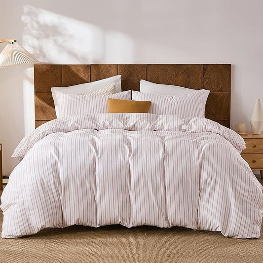 Merryword 100% Cotton Duvet Cover Set Queen Size - White & Pink Stripes Duvet Cover with Pillowcases, Soft Breathable Bedding Set Modern Minimalist Pinstripe Comforter Cover for All Seasons