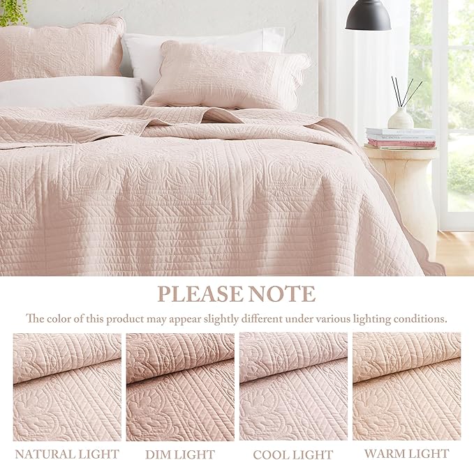 Madison Park Queen Quilt Set Damask Coverlet Set for Queen Size Bed, Cottage Oversized Quilt Set, Scallop Edge, All Season, Pre-washed Cotton-Filled Queen Size Quilt, Tuscany, Full/Queen Blush 3 Piece