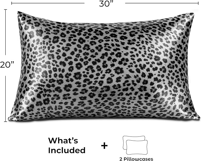 Pure Bedding Satin Pillowcase 2 Pack - Queen Size (20"x30", Silver Leopard) - Silky Pillow Cases for Hair and Skin - Satin Pillow Covers with Envelope Closure - Extra Soft Premium Microfiber