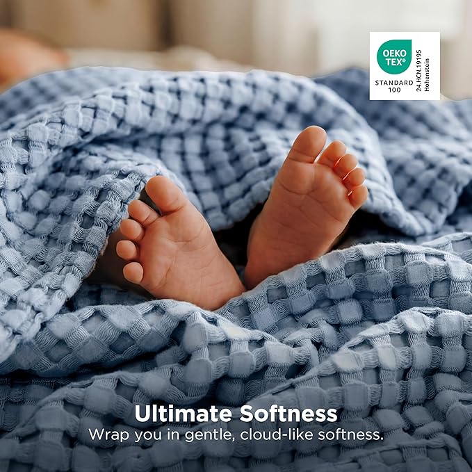 Bedsure Cooling Cotton Waffle King Size Blanket - Lightweight Breathable Summer Blanket of Rayon Derived from Bamboo for Hot Sleepers, Luxury Throws for Bed, Couch and Sofa, Dusty Blue, 104x90 Inches