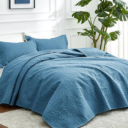 Love's cabin Oversized King Size Quilt Bedding Set Misty Blue Bedspreads - Oversized King Lightweight Bedspread Comforter - Coin Pattern Coverlet for All Season - 3 Pieces (1 Quilt, 2 Pillow Shams)