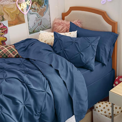 Bedsure Twin XL Comforter Set - Extra Long 5 Pieces Dorm Bedding Sets, GentleSoft™ Pinch Pleat Navy Blue Bed in a Bag with Pintuck Comforter, Sheets, Pillowcase & Sham