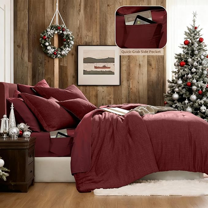 Geniospin King Comforter Set - 7 Pieces Comforter King Size, Soft Solid Bedding Set for All Season, Dark Red Textured Bed in a Bag with Sheets, Pillowcases & Shams