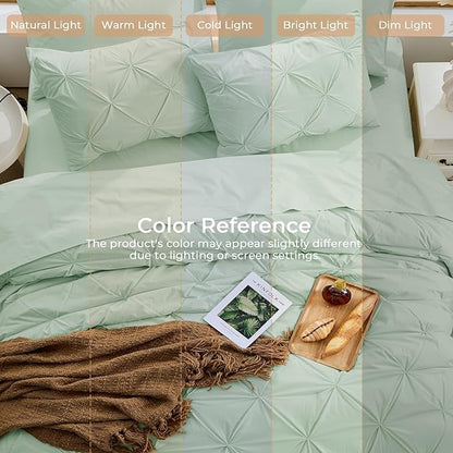 Sasttie Queen Comforter Set, 7-Piece Bed in a Bag, Pintuck Bedding Set for All Season, Includes Comforter, Flat Sheet, Fitted Sheet, Pillowcases and Pillowshams, Light Sage Green