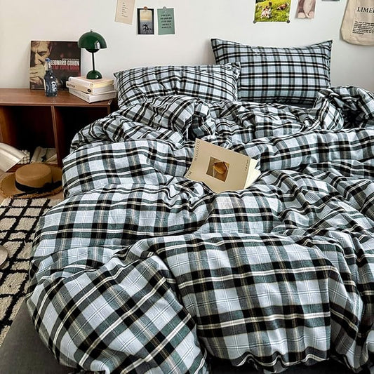 Vintage Grey White Buffalo Plaid Duvet Cover Full Size Modern Soft 3 Piece Washed Cotton Bedding Set Soft Breathable Plaid Comforter Cover Farmhouse Checkered Grid Duvet Cover Gingham Bedding Set