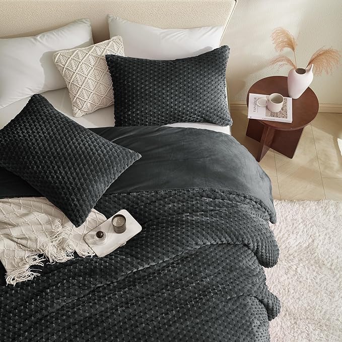 Petrichor Fluffy Twin Comforter Set - Ultra-Soft Black Flannel Thick Comforter for Queen Bed, Luxury Warm Bedding Set for Winter & Fall, Cozy Fuzzy Bed Set 2 Pieces (1 Comforter & 1 Pillowcase)