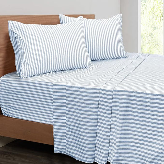 Mejoroom Striped King Size Sheet Set - Soft Microfiber Bed Sheets,Deep Pocket Fitted Sheet, Soft, Breathable, Wrinkle & Fade Resistant - 4 Piece (Blue Stripe)