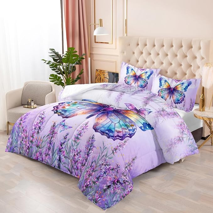 Lavender Comforter Set Twin Size,Violet Flower Butterfly 3 Piece Bedding Set Lightweight Down Alternative Spring Violet Bed Comforter and 2 Pillowcases for All Seasons