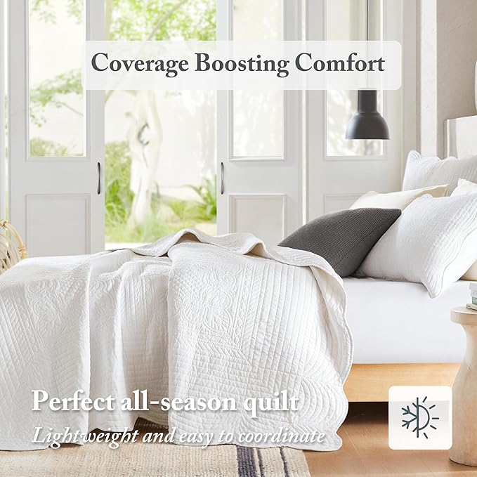 Madison Park Queen Quilt Set Damask Coverlet Set for Queen Size Bed, Cottage Oversized Quilt Set, Scallop Edge, All Season, Pre-washed Cotton-Filled Queen Size Quilt, Tuscany, Full/Queen White 3 Piece