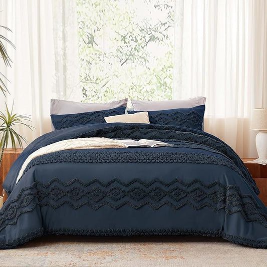 Luxudecor Navy Blue Boho Tufted Comforter Set Full Size 3 Pieces Boho Shabby Chic Comforter Farmhouse Embroidery Bedding Set Soft Comforter for All Seasons (Navy Blue, 80''x90'')