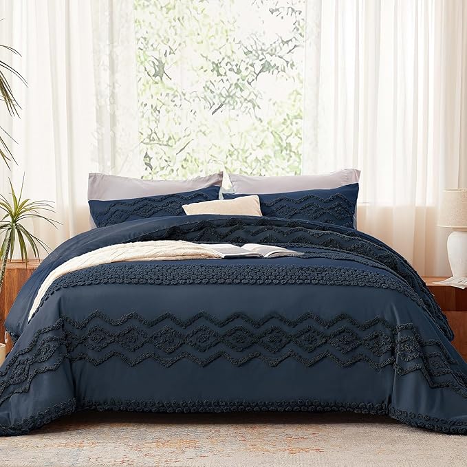 Luxudecor Navy Blue Boho Tufted Comforter Set Queen Size 3 Pieces Boho Shabby Chic Comforter Farmhouse Embroidery Bedding Set Soft Comforter for All Seasons (Navy Blue, 90''x90'')