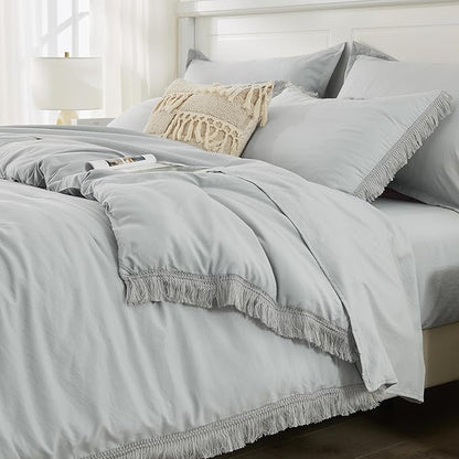 Andency Light Grey Queen Size Comforter Set with Sheets - 7 Pieces Boho Tassel Bed in a Bag Soft Lightweight Bedding Sets, Light Grey Fringe Bed Set with Comforter, Sheets, Pillowcases & Shams