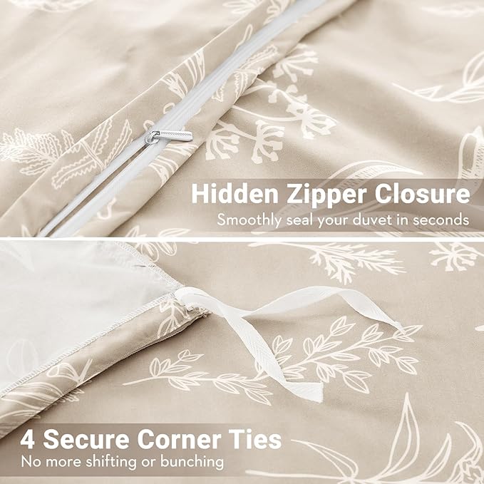 MUXHOMO Duvet Cover King Size, Reversible Floral Beige Duvet Cover Set with Zipper Closure, 3 Pieces Botanical Patterns Soft Microfiber Bedding Set (90"x104", 2 Pillow Cases 20"×36")