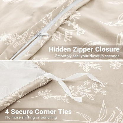 MUXHOMO Duvet Cover Queen Size, Reversible Floral Beige Duvet Cover Set with Zipper Closure, 3 Pieces Botanical Patterns Soft Microfiber Bedding Set with 4 Ties (90"x90", 2 Pillow Cases)