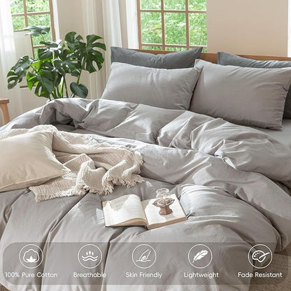 MooMee Bedding Duvet Cover Set 100% Washed Cotton Linen Like Textured Breathable Durable Soft Comfy (Solid Tan, King 104"x90")