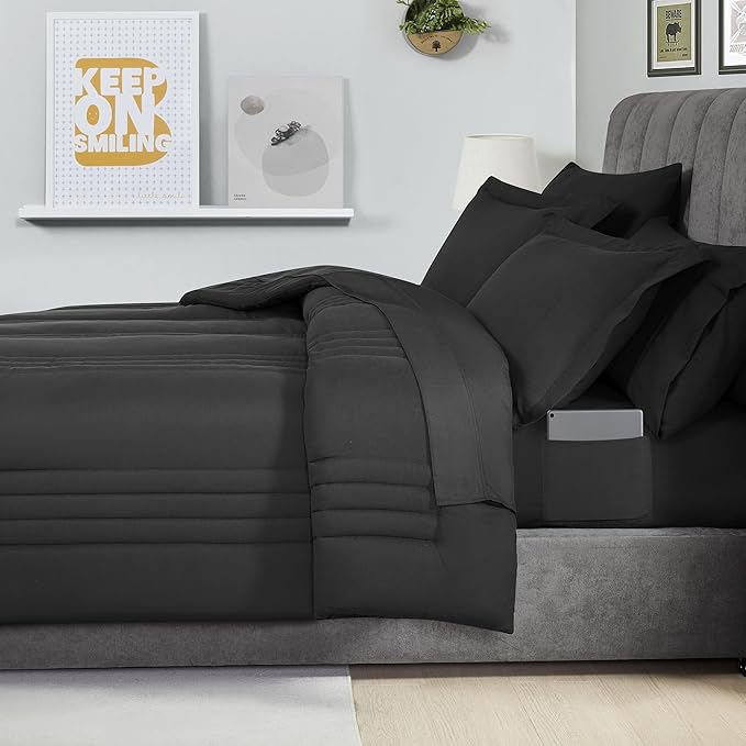 Full Size Comforter Set Quilted Stripe Bedding Bundle – Comforter, Mattress Protector, Sheets with Pockets on the Side & Built-in Corner Strap – Fitted Sheet Media Pocket for Devices, Black
