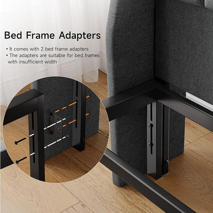 Ergonomic Upholstered Headboard Queen Size w/Charging Station, Linen Wingback Headboards w/Storage Pocket, Queen Headboard Only, Bed Frame Adapters, Sturdy Stable Solid Wood Bed Head Board, Dark Grey