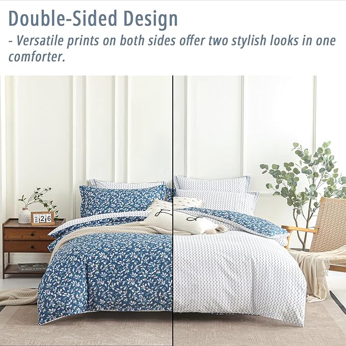 Blue Floral Cotton Comforter King Size - White Leaves with Delicate Soft Green & Blush Floral Print, Blue Chevron on White Reverse – 3PC Lightweight Bedding Set with Soft Fill(104"×90")