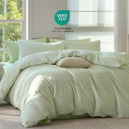 JELLYMONI Striped Duvet Cover Set - King Size Comforter Cover, Classic Sage Green & White Stripes, 100% Cotton 3 Pcs Bedding with Zipper Closure & 8 Corner Ties for Master or Guest Bedroom
