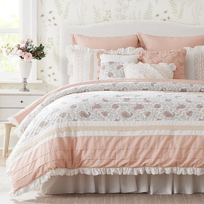Madison Park Dawn 100% Cotton Shabby Chic Comforter Set-Modern Cottage Design All Season Down Alternative Bedding, Matching Shams, Bedskirt, Decorative Pillows, King(104"x92"), Blush 9 Piece
