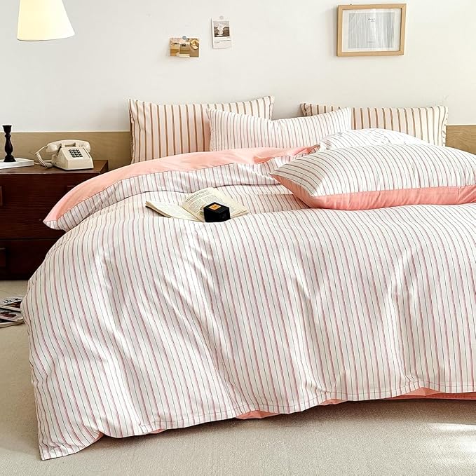 EAVD Pink White Striped Duvet Cover Twin Soft 100% Cotton Pink Vertical Ticking Stripes Bedding Set with 2 Pillowcases Modern Geometric Pattern Duvt Cover with Zipper Closure