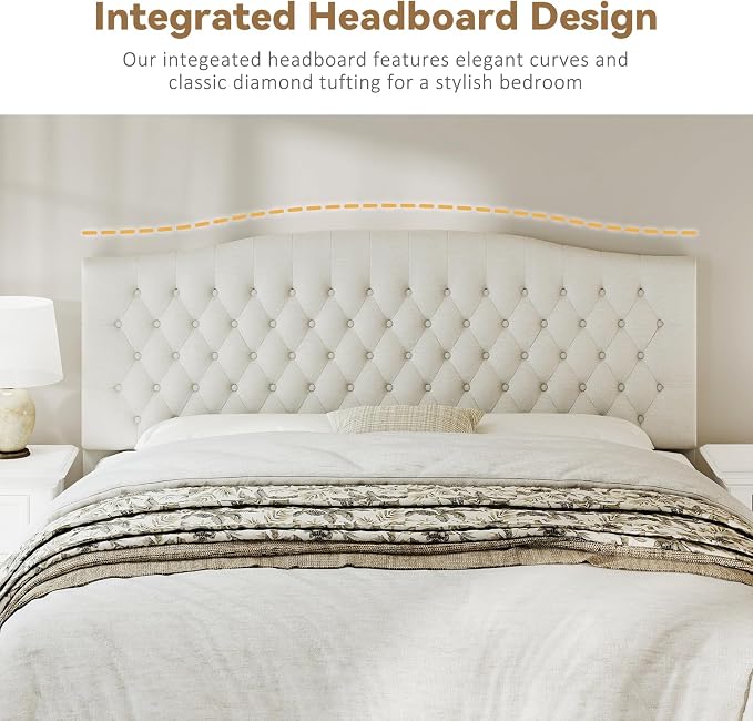 King Headboard Only, Upholstered Headboard King Size for Adjustable Bed Linen Tufted Wall Mounted Head Board with Solid Wood Legs, Ivory