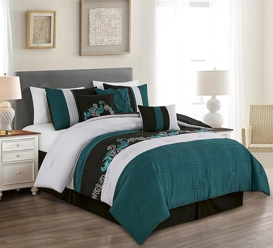 Chezmoi Collection Napa 7-Piece Luxury Leaves Scroll Embroidery Bedding Comforter Set (Queen, Teal/Black/Gray)
