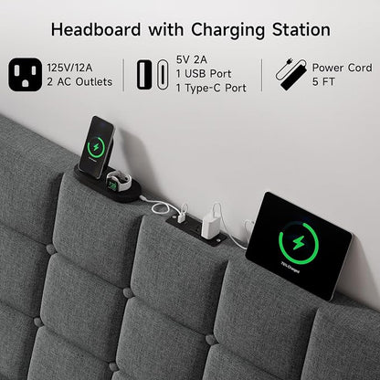 Ergonomic Upholstered Headboard Queen Size w/Charging Station, Linen Wingback Headboards w/Storage Pocket, Queen Headboard Only, Bed Frame Adapters, Sturdy Stable Solid Wood Bed Head Board, Dark Grey