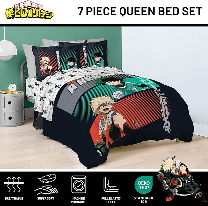 Jay Franco Kids Comforter Set Includes Sheets and Pillow Covers - Soft and Cozy Bed Set for Stylish Room Decor, Black - My Hero Academia, 7 Piece Queen Size Bedding