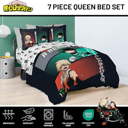 Jay Franco Kids Comforter Set Includes Sheets and Pillow Covers - Soft and Cozy Bed Set for Stylish Room Decor, Black - My Hero Academia, 7 Piece Queen Size Bedding