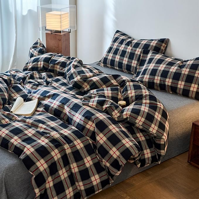 EAVD Vintage Style Black Buffalo Plaid Duvet Cover Full Soft 100% Washed Cotton Red&Green Grid Checkered Bedding Set with 2 Pillowcases Retro Farmhouse Geometric Grid Duvet Cover with Zipper