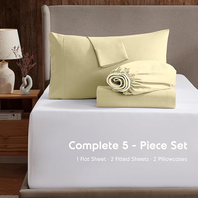 Nestl Split King Sheet Set - 1800 Ultra-Soft Microfiber Bed Sheets - Double Brushed - Deep Pockets - Easy Fit - 5 Piece Set - Bed Sheets & Pillowcases (Split King Size, Vanilla Yellow)