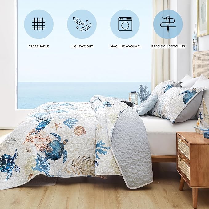weigelia Coastal Quilt Set Queen Size - Sea Turtle Ocean Print Lightweight Soft Microfiber Summer Comforter with 2 Pillow Cases - Beach Bedding Coverlet Decor for All Seasons, Bedroom & Guest Room