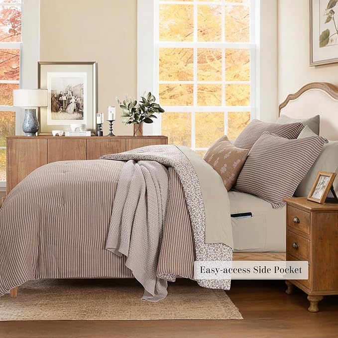 Full Comforter Set - 7 Pieces Dark Brown Gauze Muslin Bedding Sets for All Seasons, Lightweight Breathable Bed in a Bag Full with Revesible Farmhouse Comforter, Sheets, Pillowcases & Shams