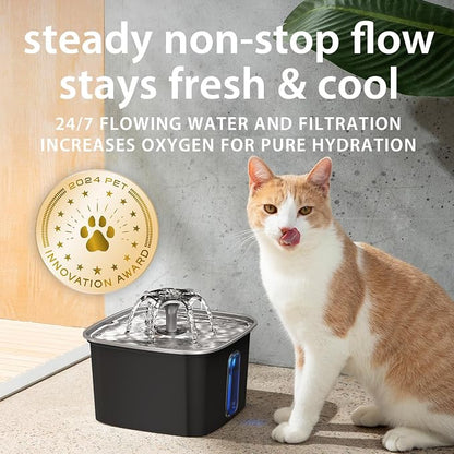 Veken Innovation Award Winner Stainless Steel Cat Water Fountain, 108oz | Automatic Pet Fountain Dog Water Dispenser with Replacement Filters & Silicone Mat for Cats, Dogs (Space Black)