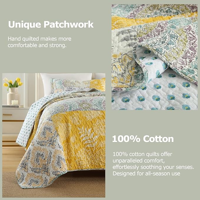 DURLENGEN Botanical Yellow 100% Cotton King Quilt 3Pcs,Bohemian Patchwork Leaves Pattern on White, Luxury Lightweight Coverlet Sets for All Season(King 106x96,Botanical Yellow)