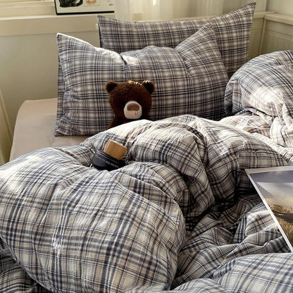 mixinni King Duvet Cover Set - 3 Piece Vintage Buffalo Plaid Bedding, 100% Washed Cotton Duvet Cover with 2 Pillowcases, Soft & Breathable Navy Beige White Geometric Grid Pattern for All Seasons