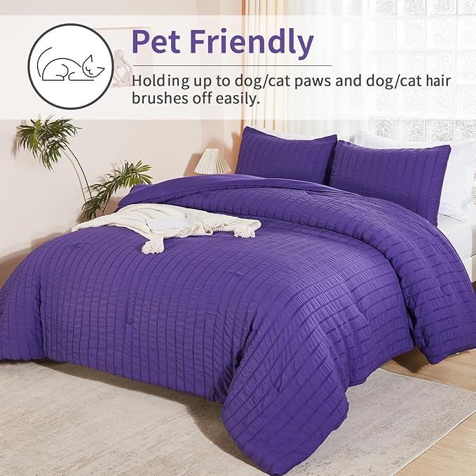 AveLom Dark Purple Seersucker California King Comforter Set (104x96 inches), 3 Pieces-100% Soft Washed Microfiber Lightweight Comforter with 2 Pillowcases, All Season Down Alternative Bedding Set